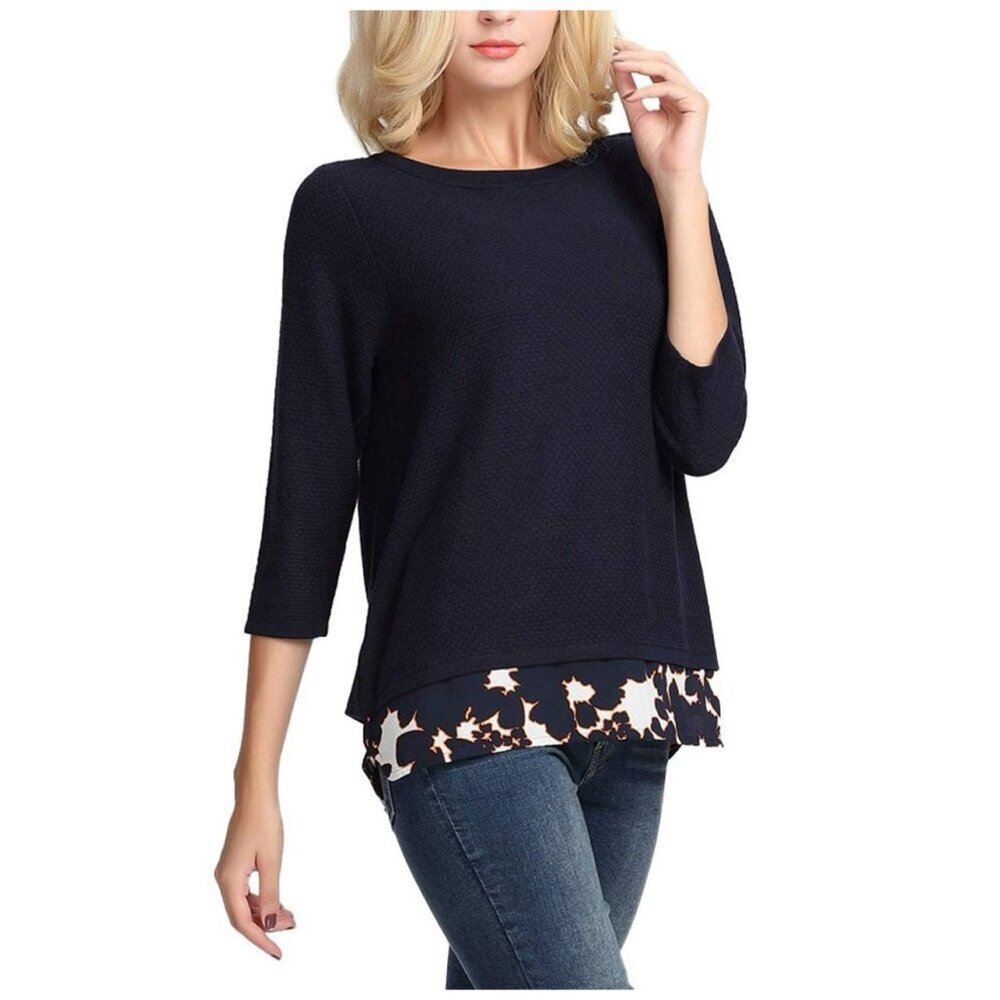 The Limited Navy Blue Trapeze Back Waffle Knit Floral Peekaboo Sweater Size M